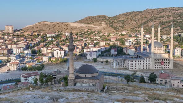 Aerial View To Mosques From Old Castlethe in Historical City Town of Nevsehir Timelapse alt