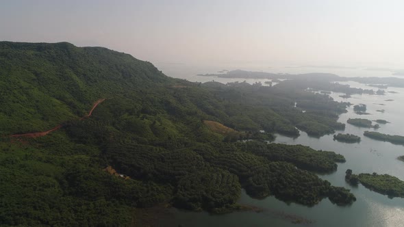 Vang Vieng water reserve in Laos seen from the sky alt