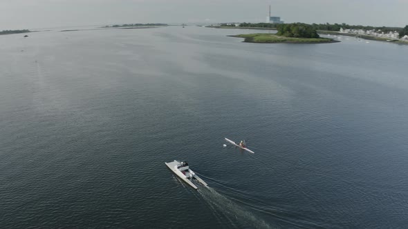 Aerial Drone Shot Tracking a Rower and Coach (Norwalk, Connecticut)