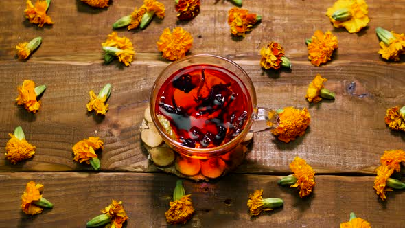 Antioxidant Red Tea From Marigold Flowers Top View, Tea For Colds. Naturotherapy Drink Remove Toxins
