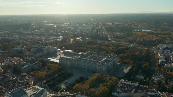 Slide and Pan Footage of Large Building on Royal Palace and Almudena Cathedral alt