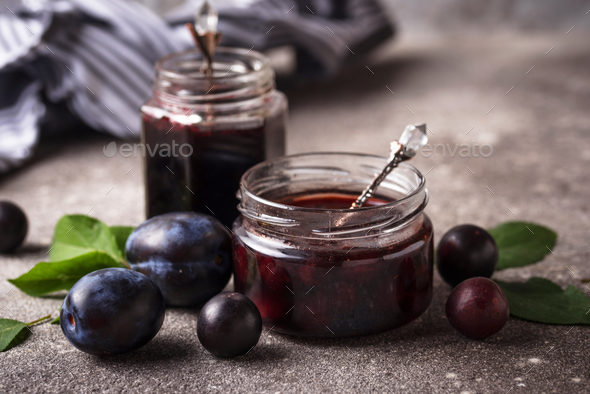 Jar with homemade plum jam - Stock Photo - Images