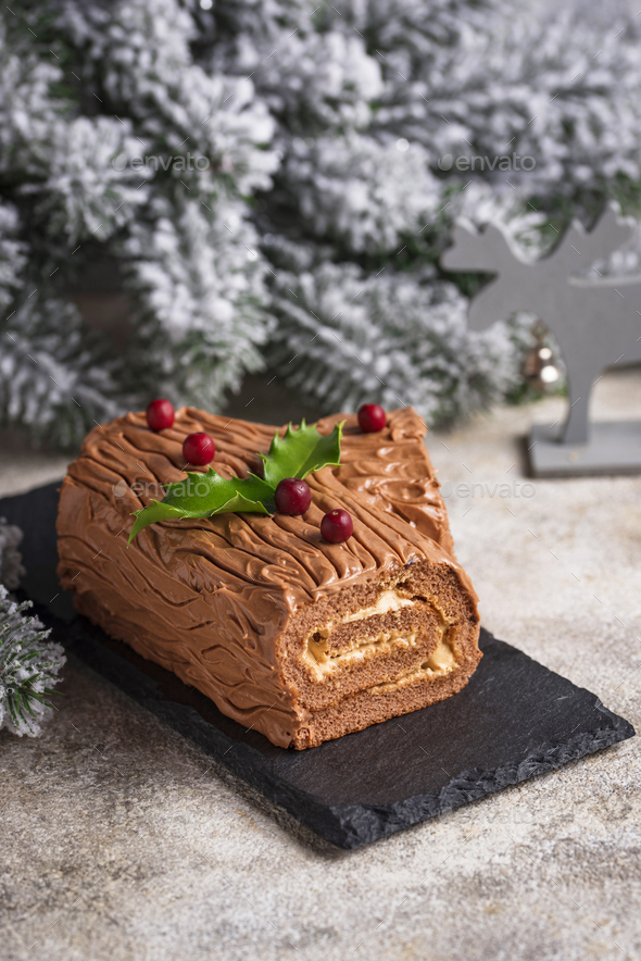 Christmas Yule Log Cake. Traditional Chocolate Dessert Stock Photo By ...