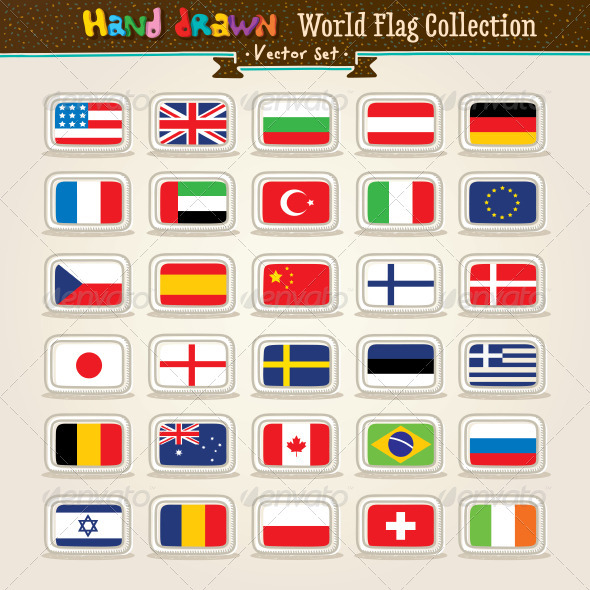 Vector Hand Draw World Flags Icon Set - Travel Conceptual