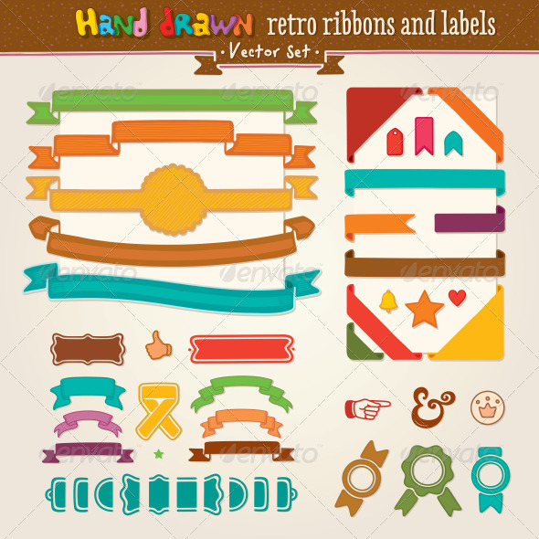 Vector Hand Draw Set Of Retro Ribbons And Labels - Decorative Vectors