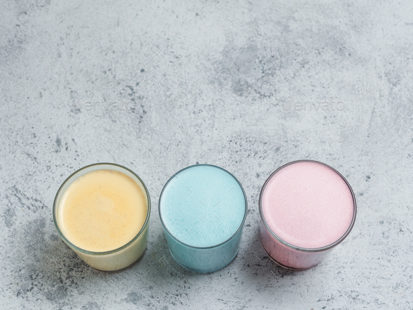 blue spirulina, yellow turmeric, pink beetroot latte - Stock Photo - Images
