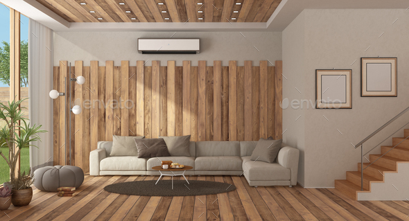 Modern Living Room With Sofa Against, Wooden Walls In Living Room