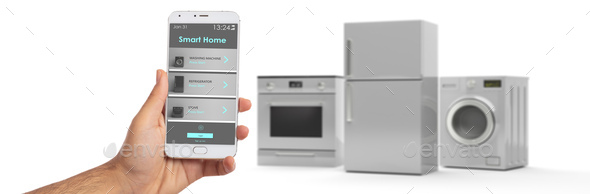 Home appliances set and smart phone on white background. 3d illustration - Stock Photo - Images