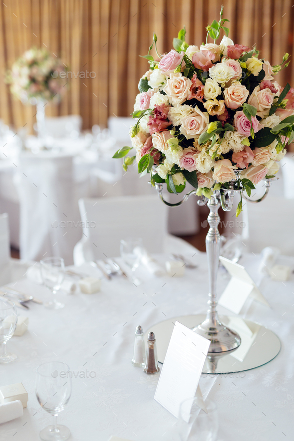Beautiful wedding tables and roses - Stock Photo - Images