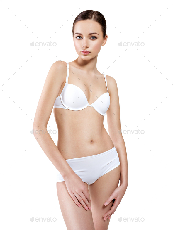 Beautiful woman with perfect body in white underwear Stock Photo