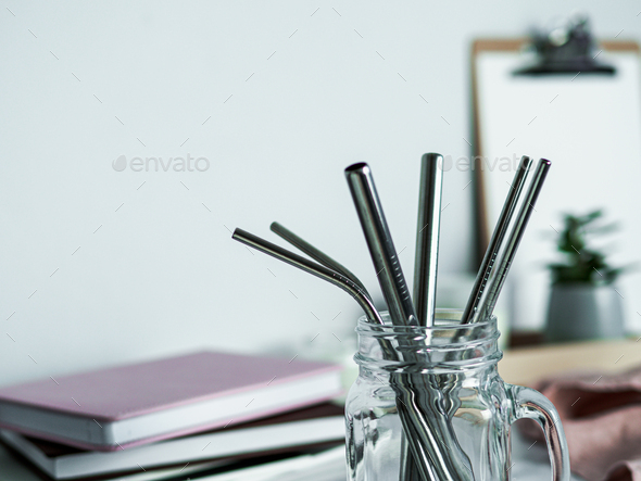 Metal recyclable drinking straws, copy space