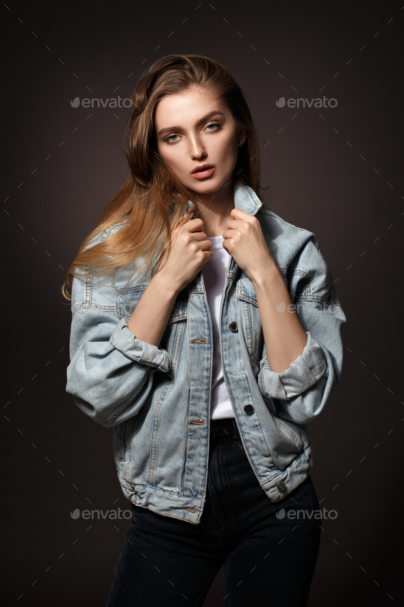 Young Handsome Guy Hairstyle Stylish Fashion Denim Clothes Jeans Posing  Stock Photo by ©alonesdj 207779862
