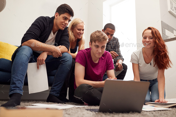 Group Of College Students In Lounge Of Shared House Studying Together