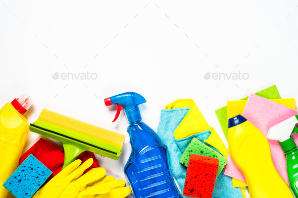 Cleaning product, household on white top view