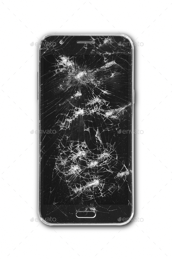 Smartphone with damaged screen isolated on white. Repair equipment. Crash
