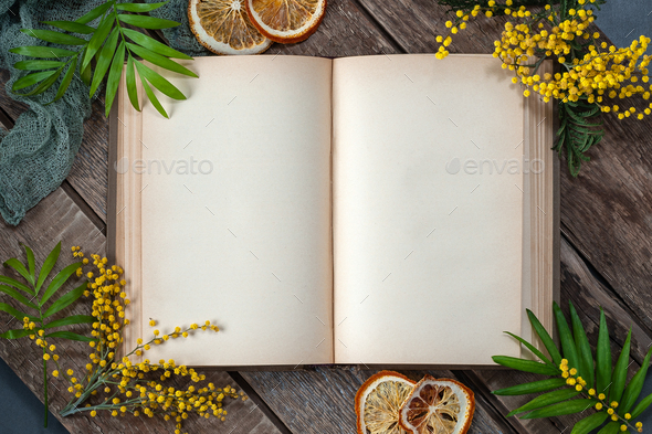 An old open book with blank pages on an old wooden table in a sp - Stock Photo - Images