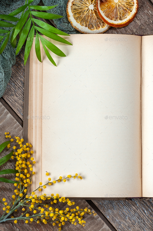 Half open book with blank pages on an old wooden table in spring - Stock Photo - Images