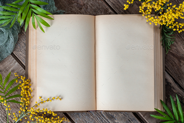 Opened book with blank pages on old wooden table. Background ima Stock  Photo by Olesya22
