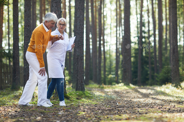 Doctor walking with senior patient in forest - Stock Photo - Images