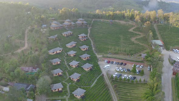 Aerial view of Ban Rak Thai village, chinese hotel resort, Mae Hong Son, Thailand. Nature alt