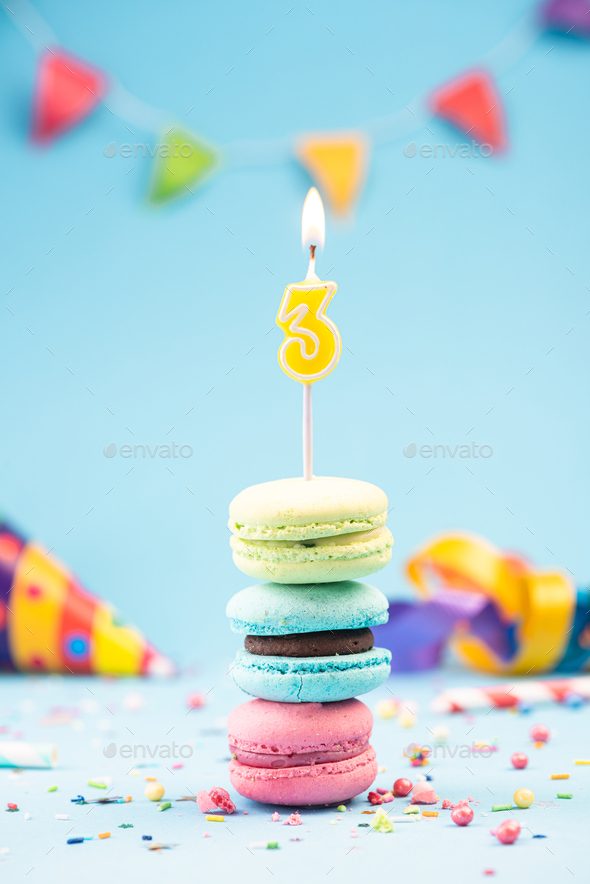 Third 3rd Birthday Card With Candle In Colorful Macaroons And Sp Stock Photo By Merc67