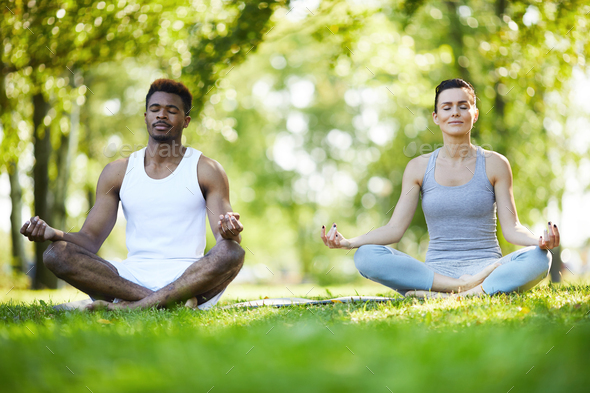 Calm couple doing yoga in park - Stock Photo - Images