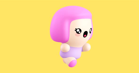 Funny Looped cartoon kawaii Girl character. Cute emotions and move animation. 4k video