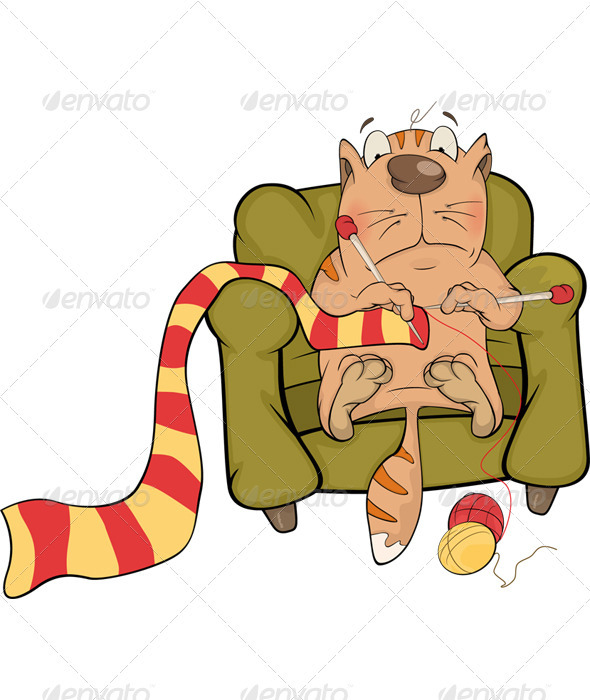 The Cat Knits A Striped Scarf - Animals Characters