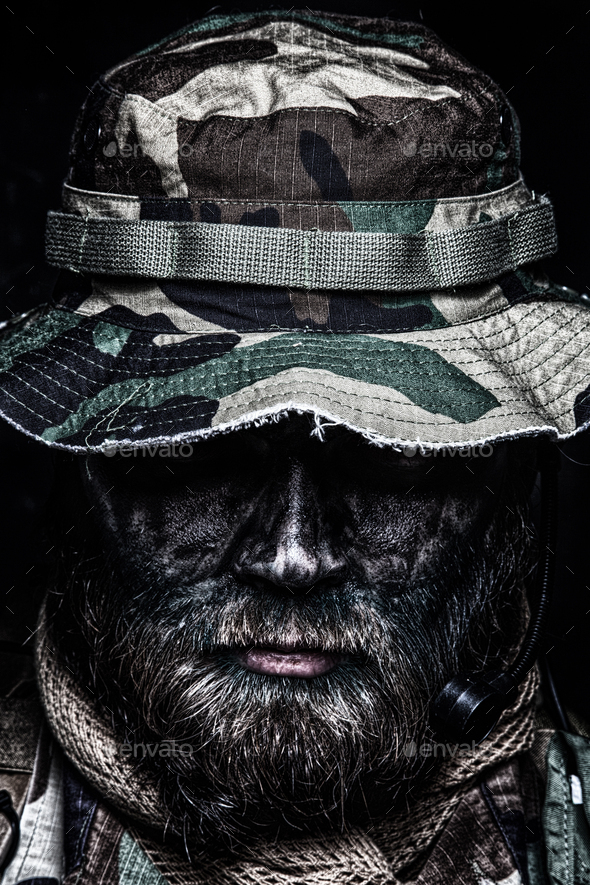 Commando soldier in boonie hat close up portrait - Stock Photo - Images