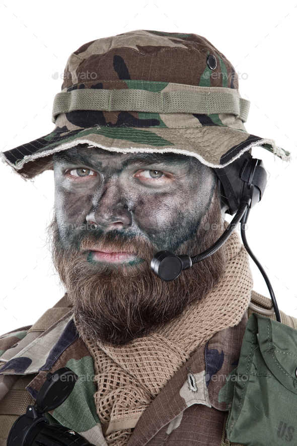 Commando soldier isolated shoulder studio portrait - Stock Photo - Images