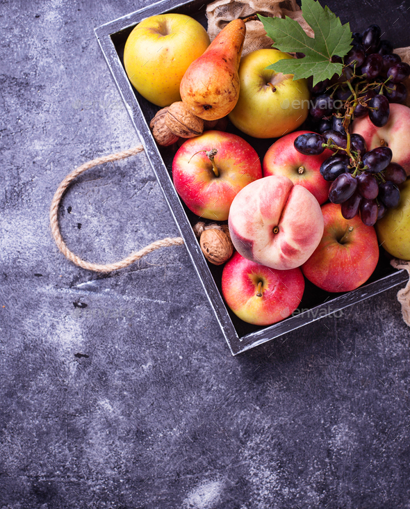 Fresh fruits. Apples, pears, grape and peaches - Stock Photo - Images