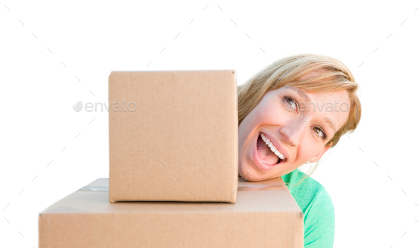 Happy Young Adult Woman Holding Moving Boxes Isolated On A White Background. - Stock Photo - Images