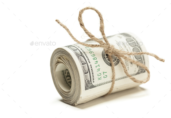 Roll of One Hundred Dollar Bills Tied in Burlap String Isolated on a White Background. - Stock Photo - Images