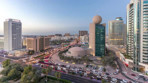 Dubai Creek Area Surrounded By Modern Buildings and Busy Traffic Street Day to Night Timelapse alt