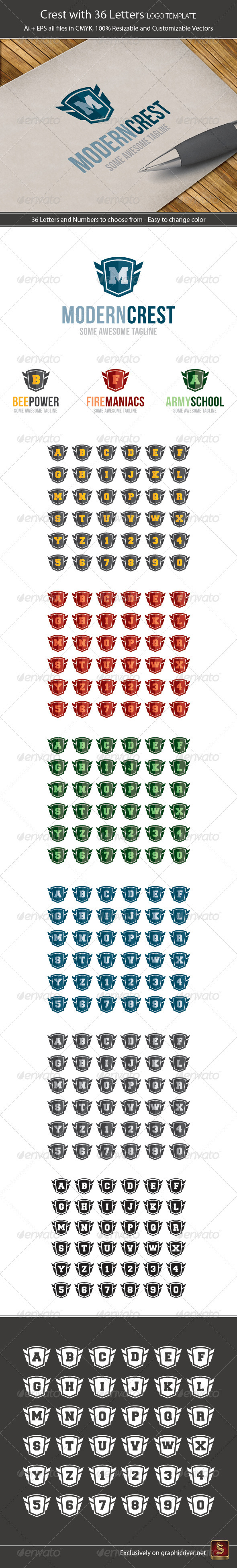 Crest With 36 Letters And Numbers Logo Template - Letters Logo Templates