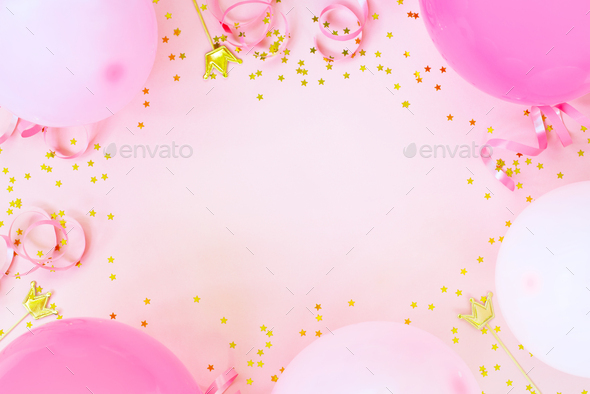 Pink Birthday Party Background with Balloons Stock Photo by AlinaKho