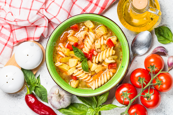 Minestrone with vegetable and pasta top view - Stock Photo - Images