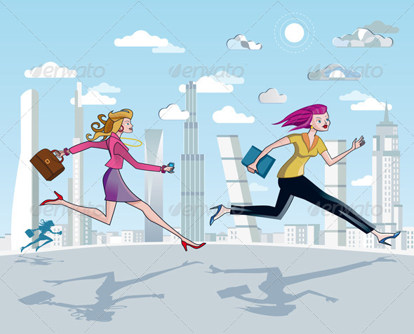 Businesswomen Running And Skyscrapers - Business Conceptual