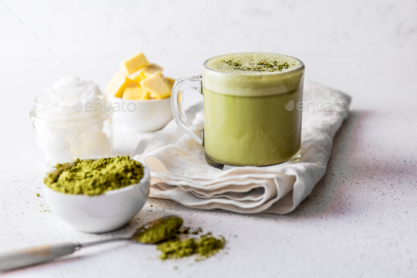 BULLETPROOF MATCHA. Ketogenic keto diet hot drink. - Stock Photo - Images
