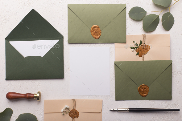Eco paper envelopes with love letters or invitation cards - Stock Photo - Images