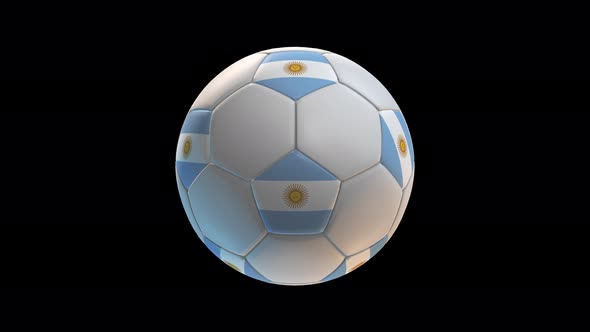 Soccer ball with flag Argentina, on black background loop alpha
