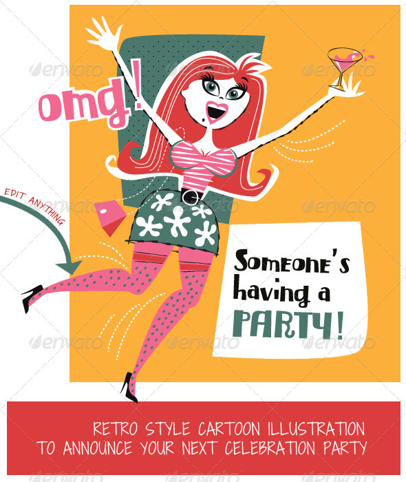 Sexy Party Girl Retro Cartoon Illustration - People Characters