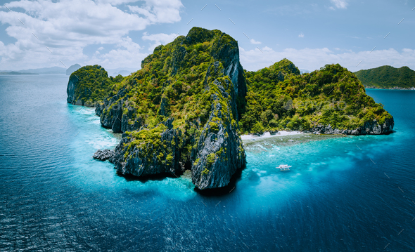 Aerial panorama of tropical paradise Entalula Island and clear blue water El Nido, Palawan - Stock Photo - Images