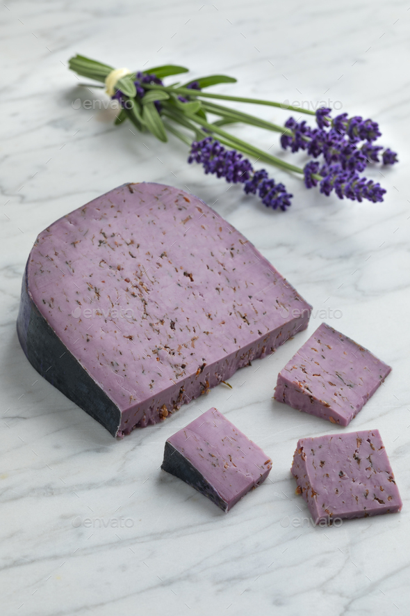 Lavender cheese plate with dry lavender flowers Stock Photo by Portoprens