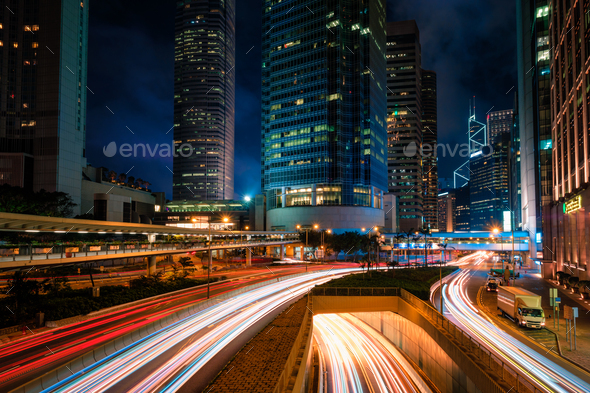 Street traffic in Hong Kong at night - Stock Photo - Images