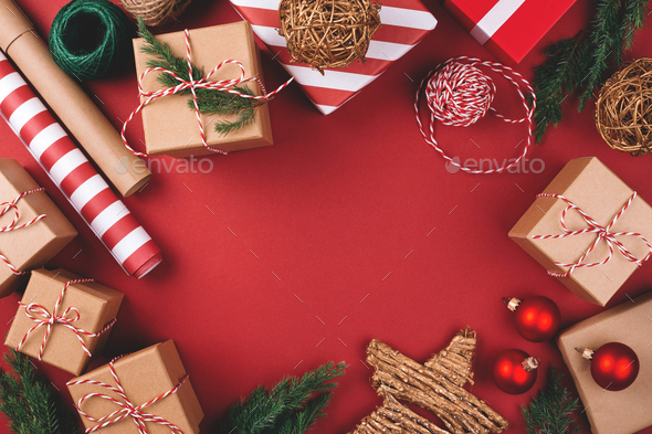 Red Background with Christmas Gifts and Decorations. - Stock Photo - Images