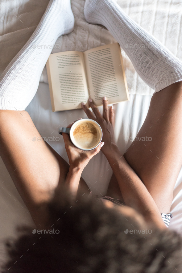 African Young Woman Reading Book Drinking Cup Coffee Sticking