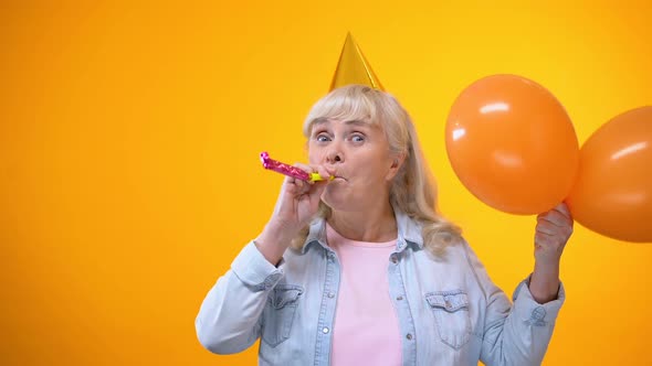 Cheerful Aging Female With Balloons Celebrating Birthday, Positive ...