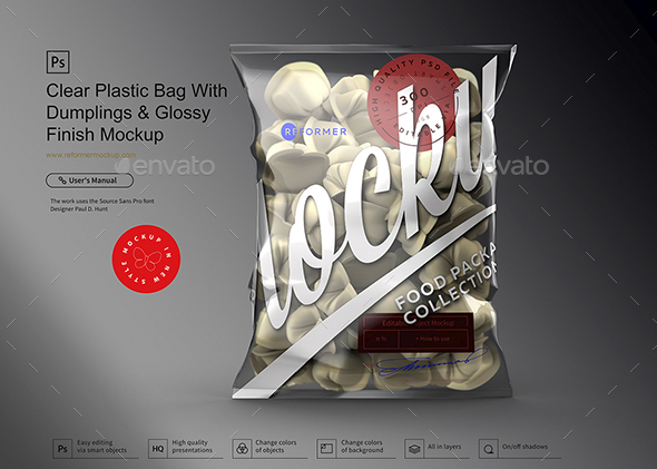 Download Clear Plastic Bag With Dumplings Glossy Finish Mockup By Reformer