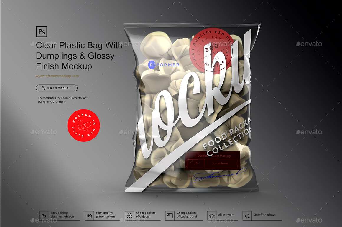 Download Clear Plastic Bag With Dumplings Glossy Finish Mockup By Reformer PSD Mockup Templates
